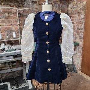 Vintage 80's Girls blue velvet dress sheer heart sleeves size 7